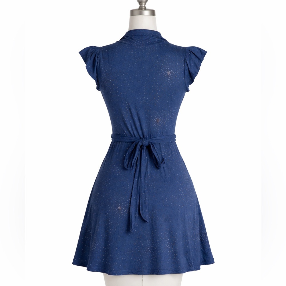 Blue Polka Dot Mini Dress ✨ Flutter Sleeve Tie Waist Feminine Chic Size 2 - Picture 10 of 10